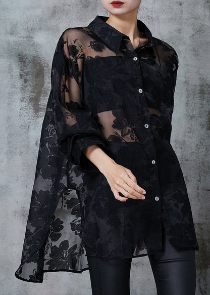 Black Oversized Jacquard Tulle Upf 50+ Shirt Summer