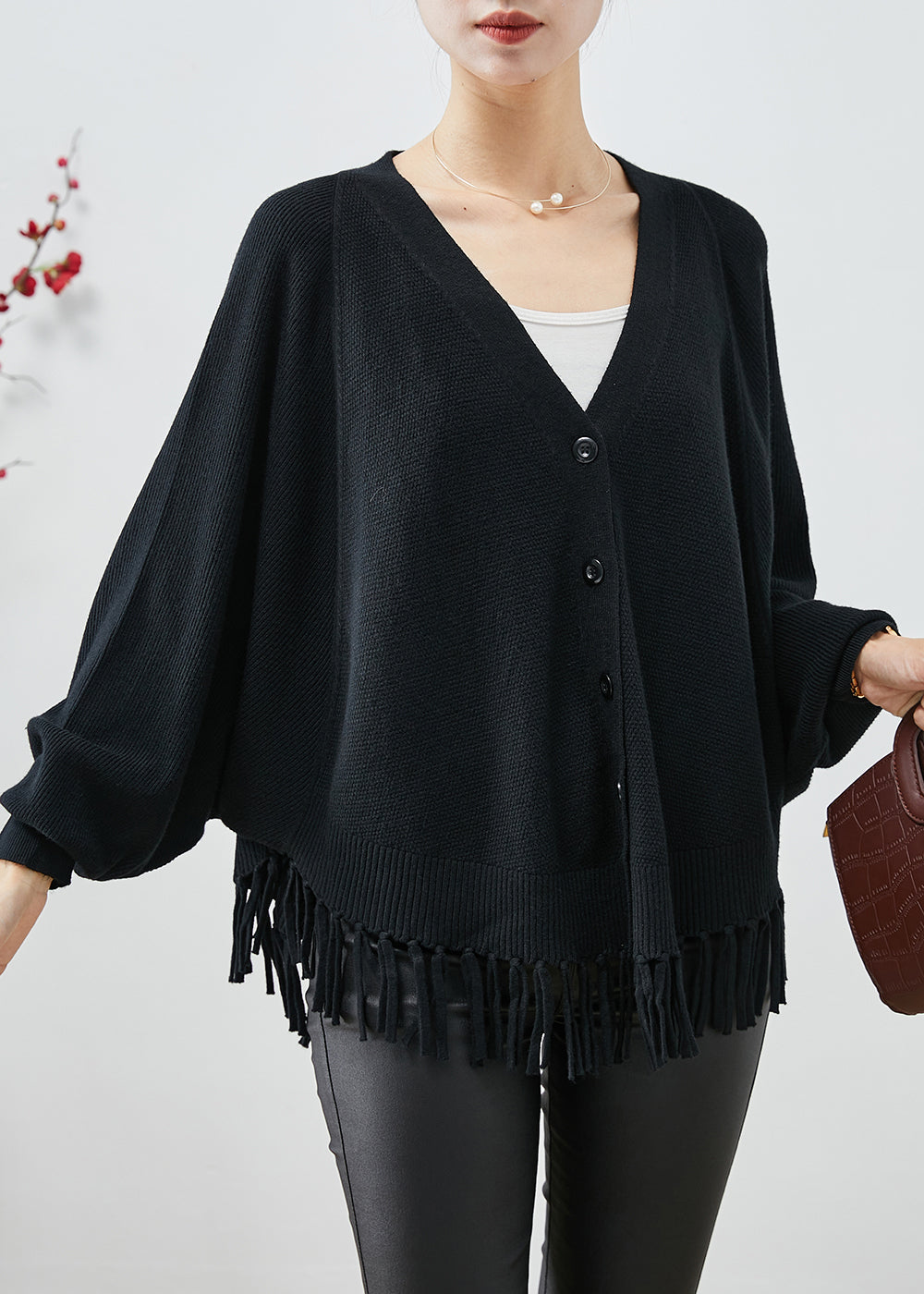 Black Oversized Tasseled Knit Coats Fall