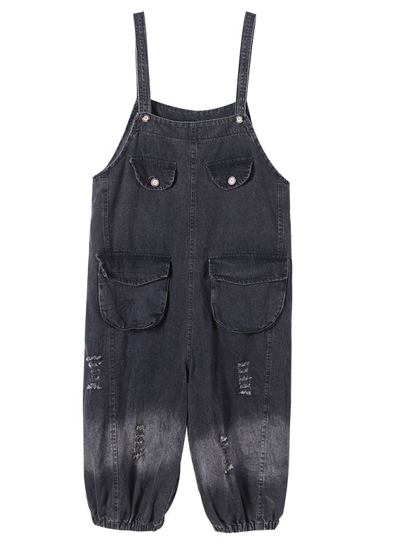 Black Pockets Button Fall Hole Denim Outfits Rompers