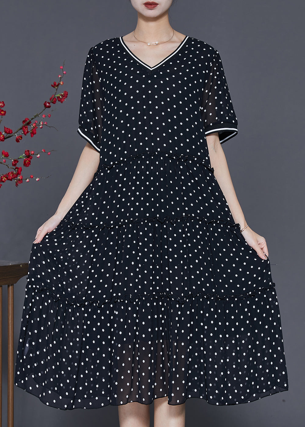 Black Ruffled Exra Large Hem Chiffon Dresses Summer