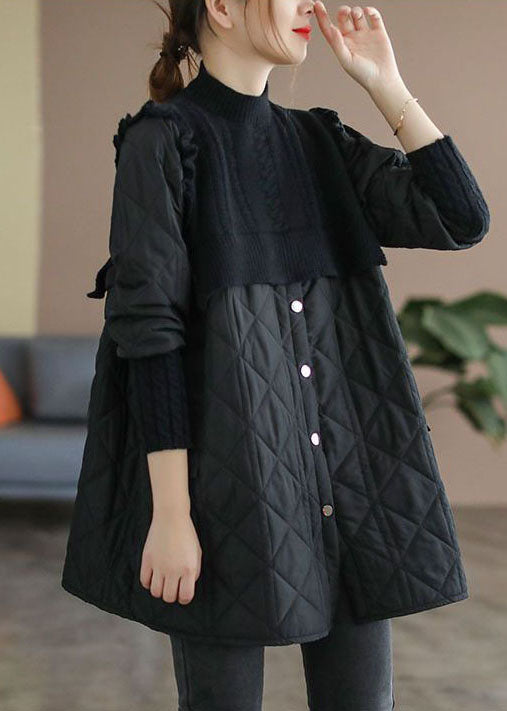 Black Stand Collar Knit Patchwork Fine Cotton Filled Winter Coats