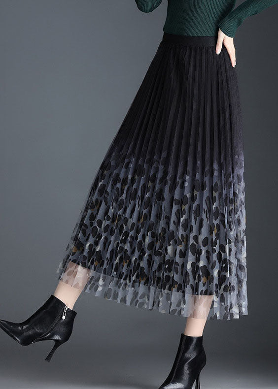 Black Tulle Print Pleated Fall Skirt