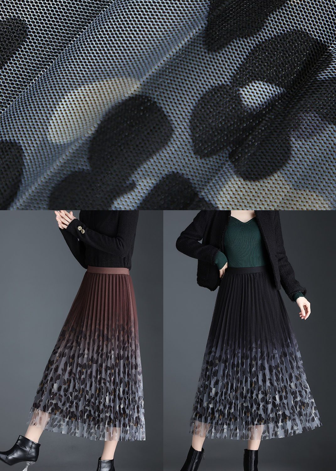 Black Tulle Print Pleated Fall Skirt