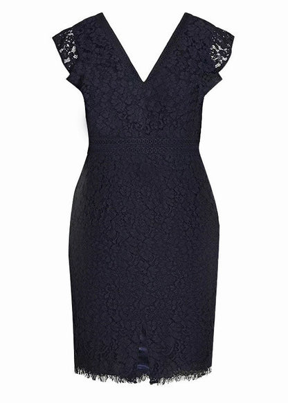 Black V Neck High Waist Lace Mid Dresses Short Sleeve