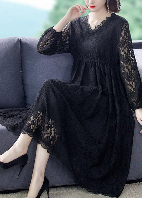 Black V Neck Hollow Out Exra Large Hem Lace Maxi Dresses Spring