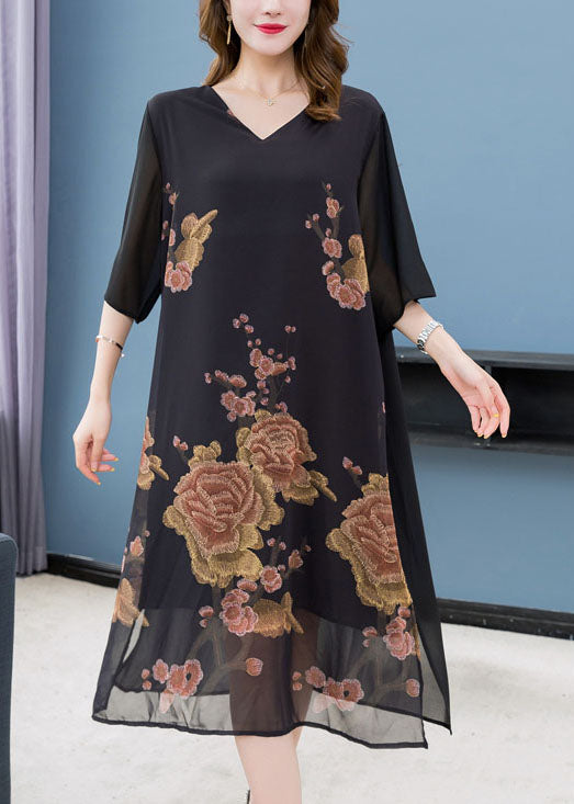 Black V Neck Print Patchwork Chiffon Dress Summer