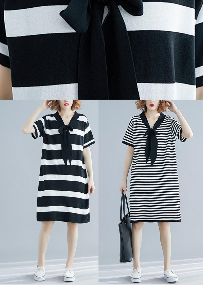 Black White Narrow Striped Short Sleeve Summer Cotton Dress