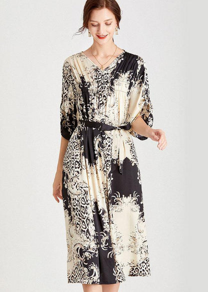 Black White Print Loose Tie Waist a Line Summer Dresses