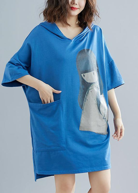 Blue Appliques Cotton Hooded Summer Party Dress