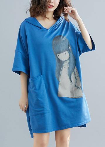 Blue Appliques Cotton Hooded Summer Party Dress