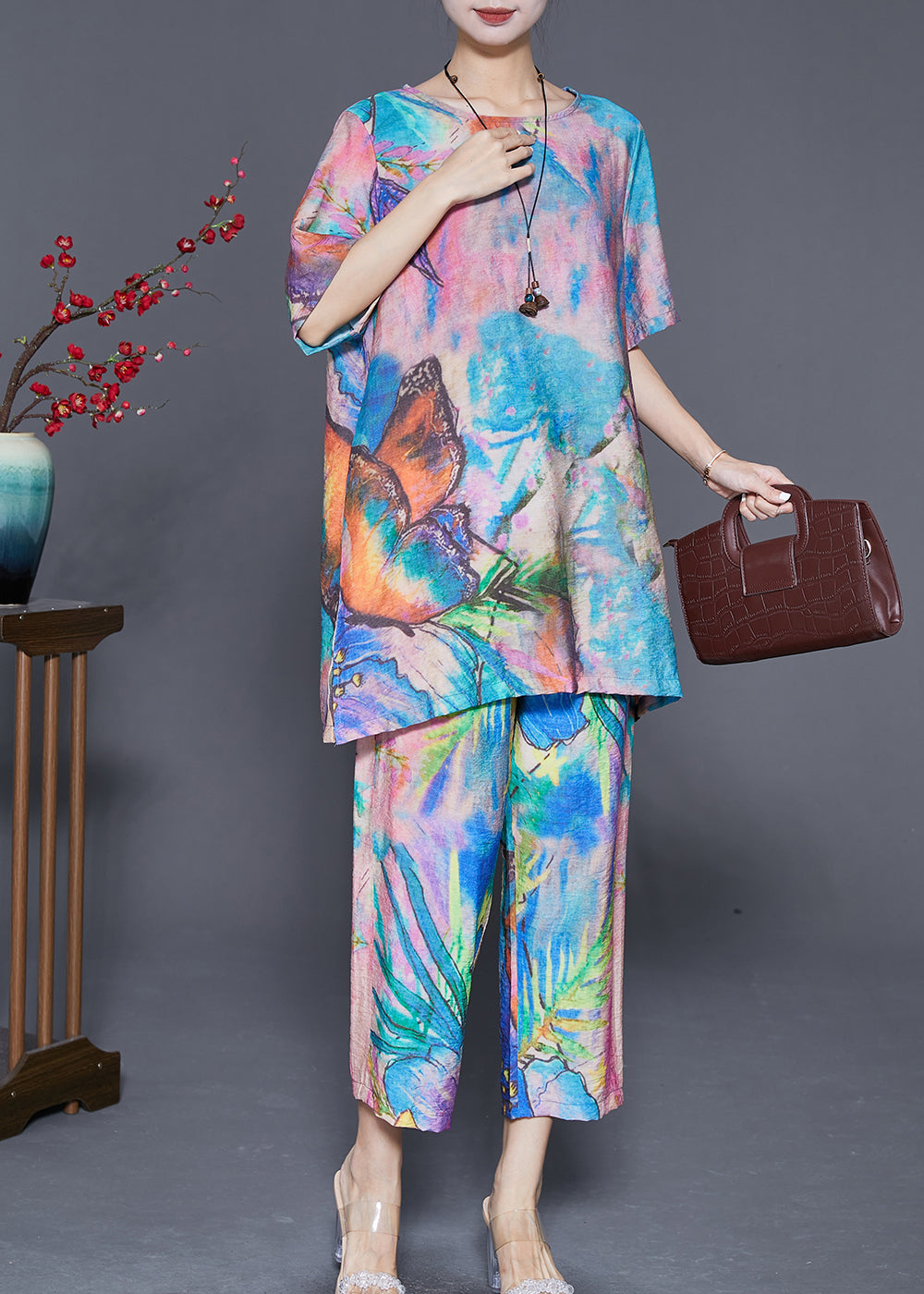 Blue Butterfly Tie Dye Linen Silk Two Piece Set Outfits Summer