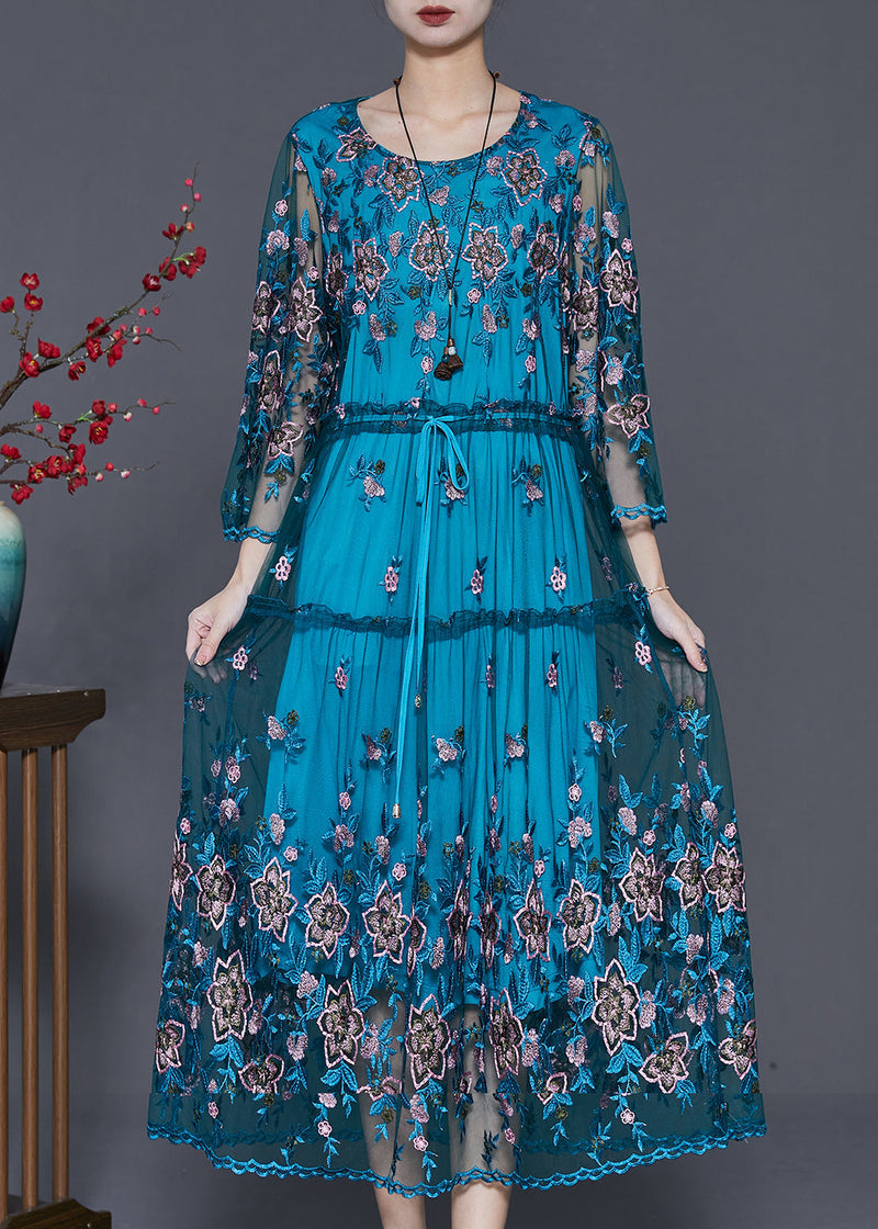 Blue Embroidered Tulle Cinched Dresses Summer