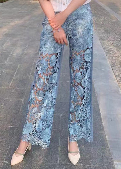 Blue Lace Patchwork High Waist Wide Leg Jeans Summer