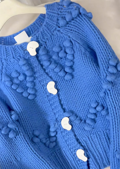 Blue O-neck Button Cotton Knit Cardigan Spring