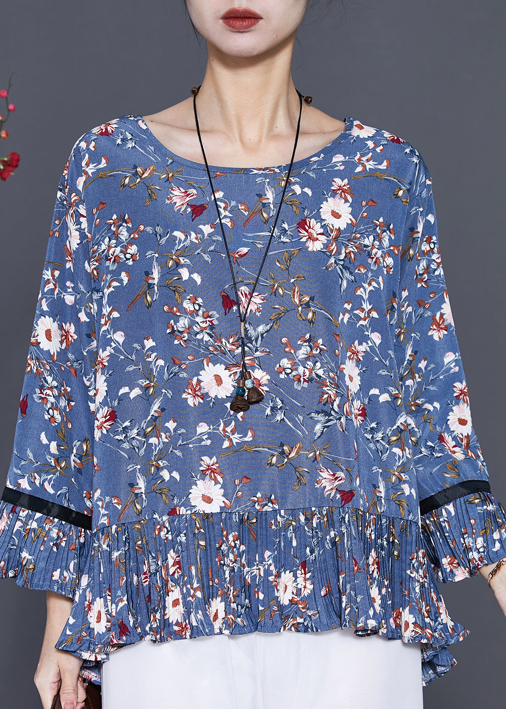 Blue O-neck Print Chiffon Blouse Top Summer