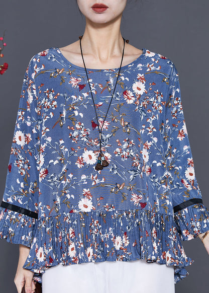 Blue O-neck Print Chiffon Blouse Top Summer