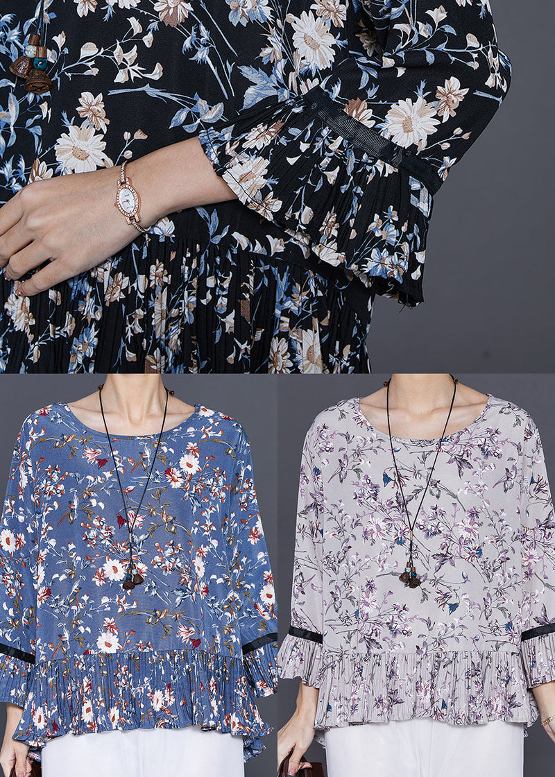 Blue O-neck Print Chiffon Blouse Top Summer