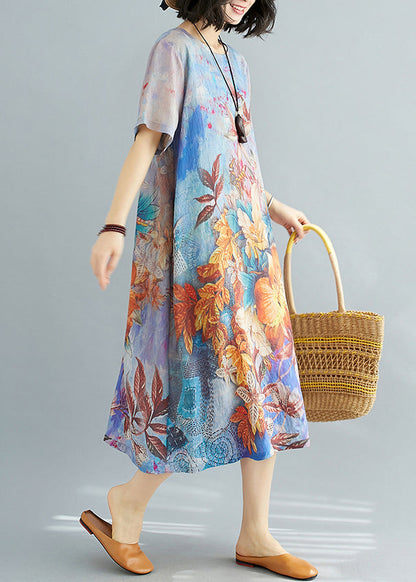 Blue O Neck Print Cotton Dresses Summer