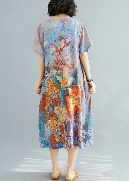 Blue O Neck Print Cotton Dresses Summer