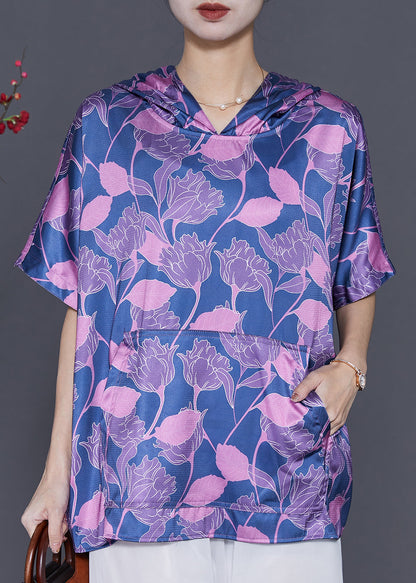 Blue Oversized Print Silk Shirt Blouse Summer