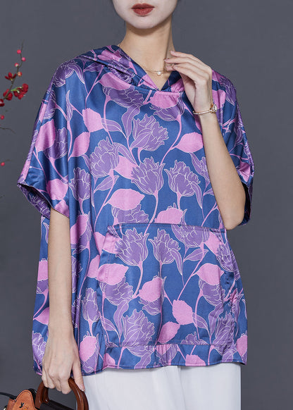 Blue Oversized Print Silk Shirt Blouse Summer