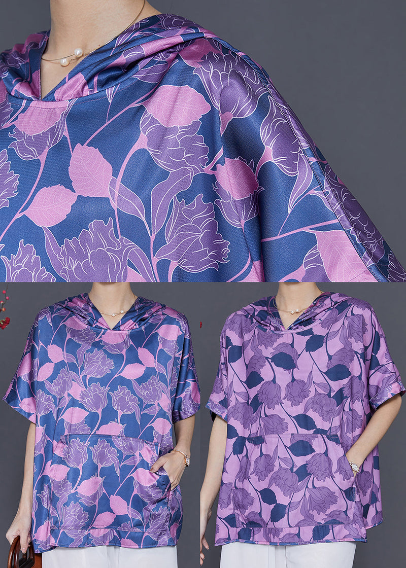 Blue Oversized Print Silk Shirt Blouse Summer