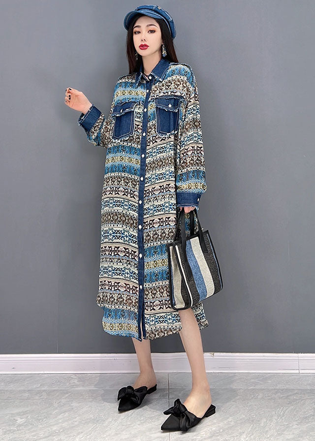 Blue Peter Pan Collar Denim Patchwork Chiffon Shirt Dress Long Sleeve