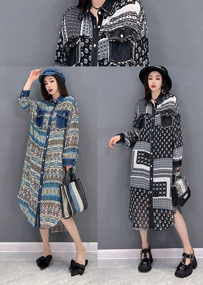 Blue Peter Pan Collar Denim Patchwork Chiffon Shirt Dress Long Sleeve