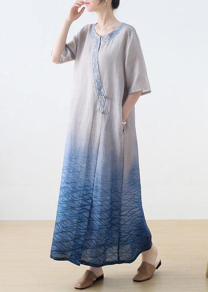 Blue Print Embroidery Oriental Mid Summer Linen Dress