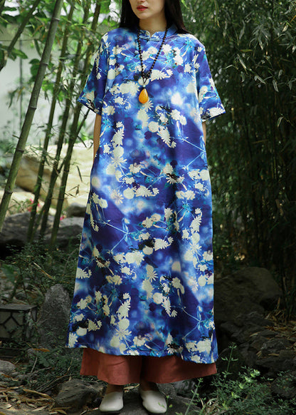 Blue Print Pockets Linen Long Dresses Short Sleeve