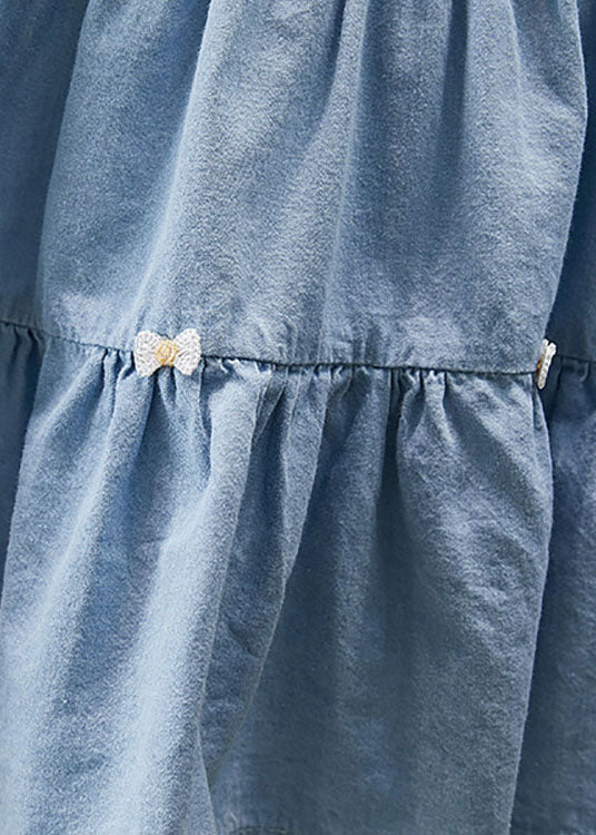 Blue Ruffled Patchwork Denim Kids Long Dress Summer