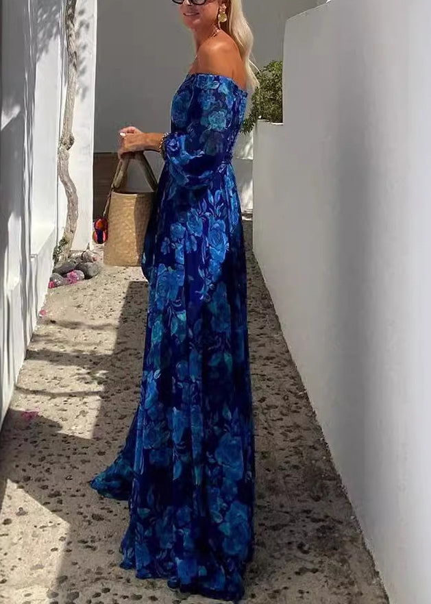 Blue Slash Neck Print Cotton Maxi Dress Bracelet Sleeve