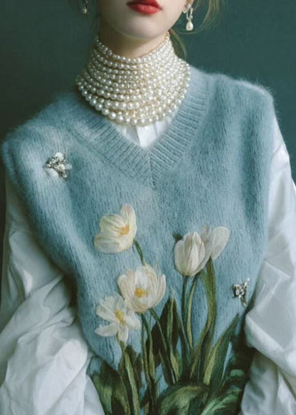 Blue V Neck Embroidered Knit Vest Sleeveless