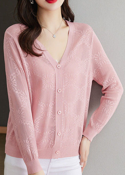 Blue V Neck Hollow Out Patchwork Thin Knit Cardigan Fall
