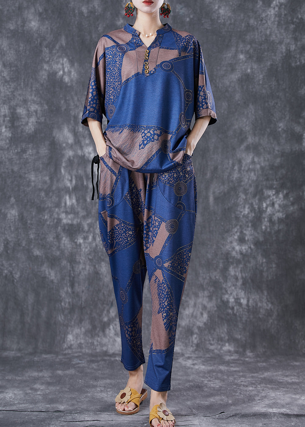 Blue V Neck Print Cotton Two Piece Set Outfits Summer