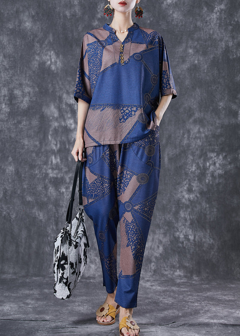 Blue V Neck Print Cotton Two Piece Set Outfits Summer