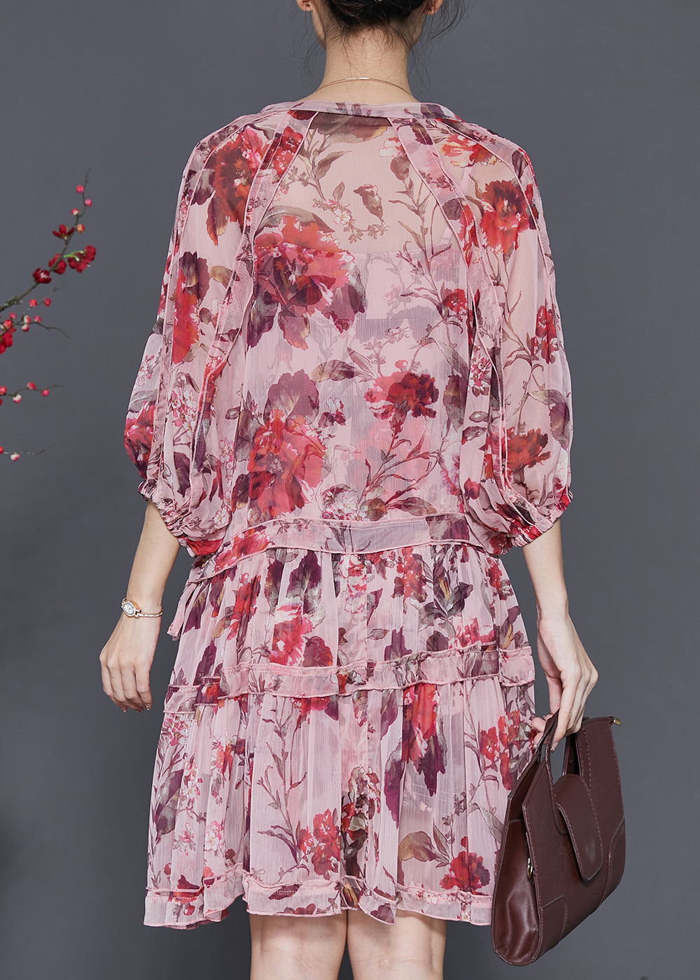 Brick Red Print Chiffon Vacation Dress Lantern Sleeve