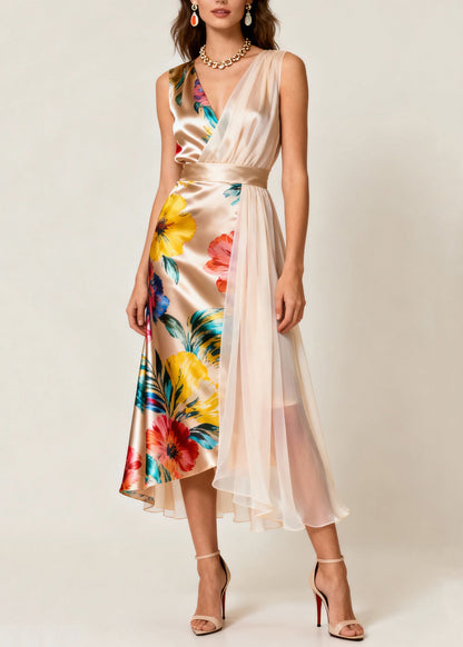 Champagne Color Asymmetrical Print Tulle Patchwork Dress Sleeveless