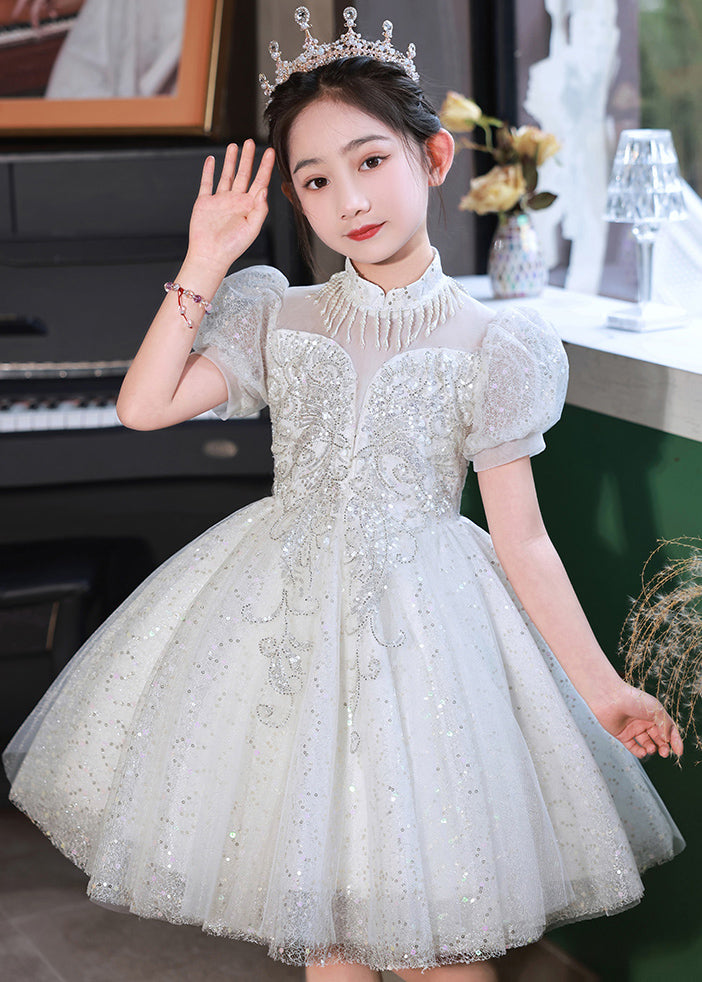Champagne Stand Collar Sequins Tulle Kids Mid Dresses Summer
