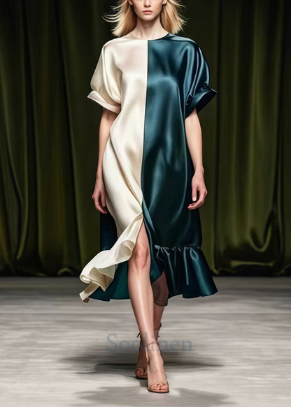 Colorblock Asymmetrical Patchwork Side Open Silk Vacation Dresses Summer
