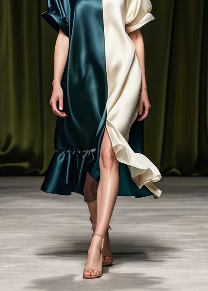 Colorblock Asymmetrical Patchwork Side Open Silk Vacation Dresses Summer