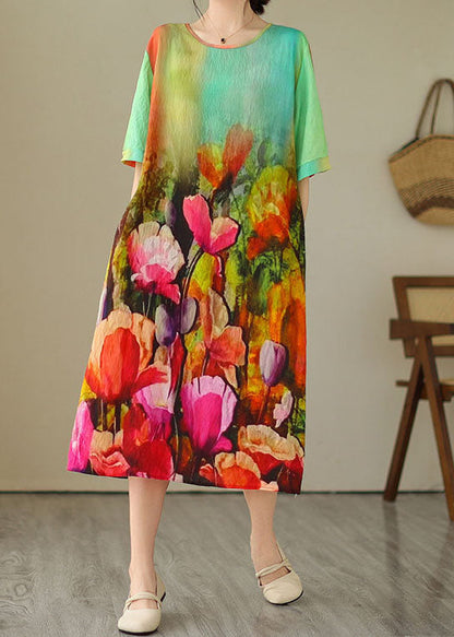 Colorblock O Neck Print Patchwork Cotton Dress Summer