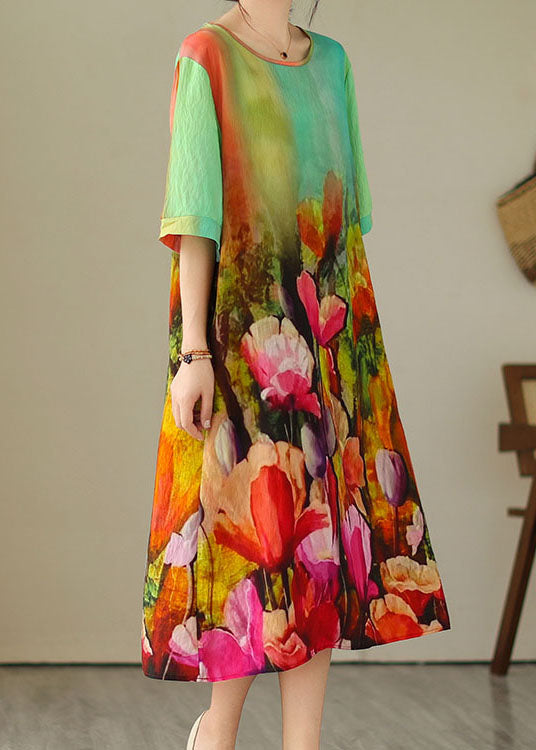 Colorblock O Neck Print Patchwork Cotton Dress Summer