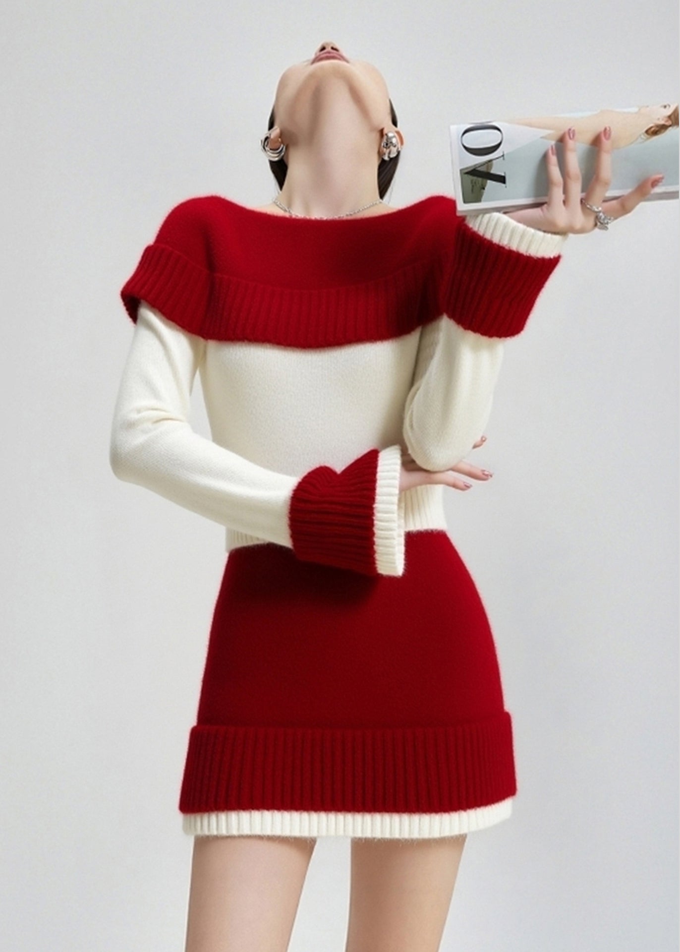 Colorblock Slash Neck Patchwork Knit Sweater and Skirt Two Pieces Set Fall