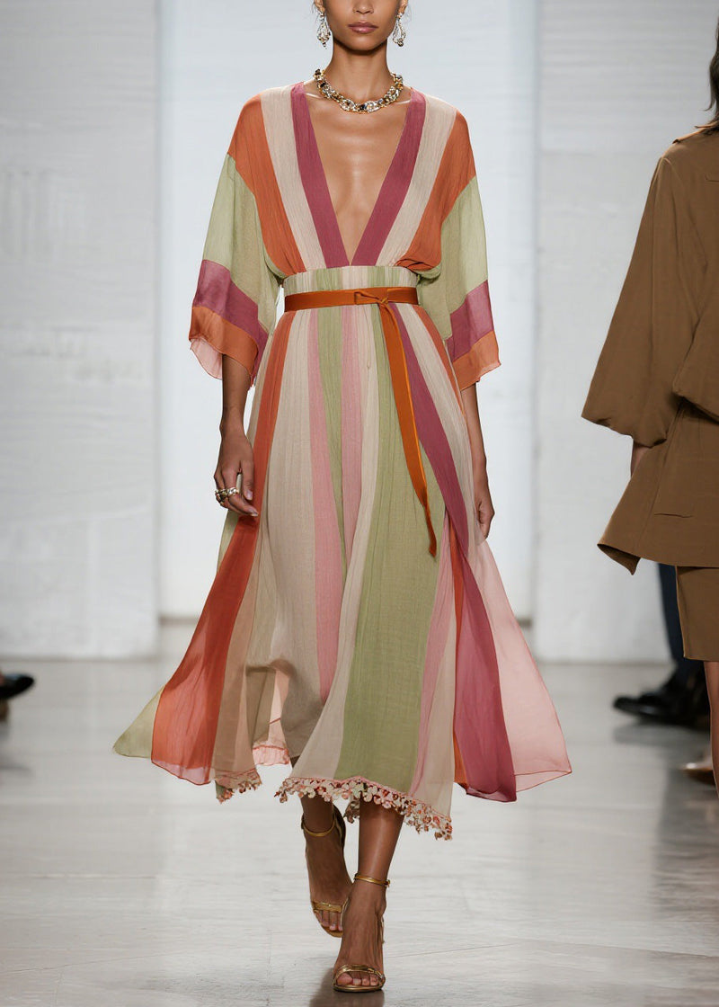 Colorblock V Neck Patchwork Cotton Long Dresses Summer