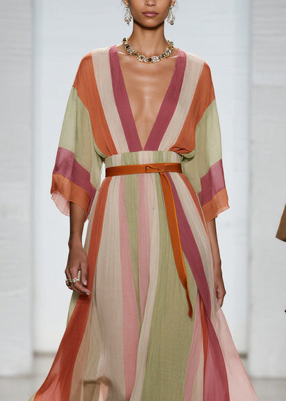 Colorblock V Neck Patchwork Cotton Long Dresses Summer