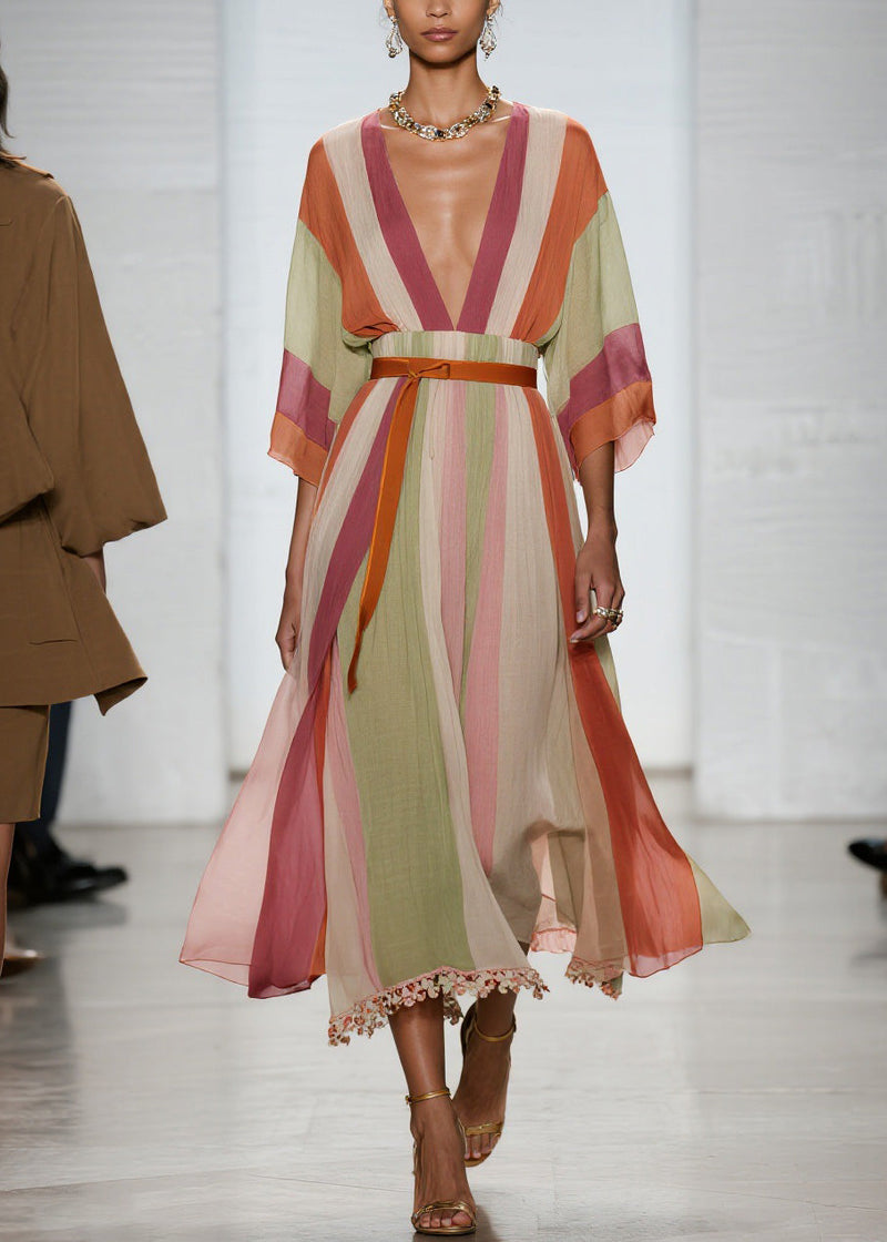 Colorblock V Neck Patchwork Cotton Long Dresses Summer