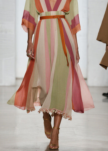 Colorblock V Neck Patchwork Cotton Long Dresses Summer