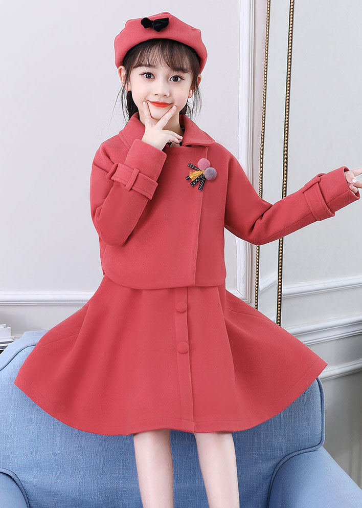 Dousha Red Peter Pan Collar Coats and Dress Cotton Kids Two Pieces Set Long Sleeve