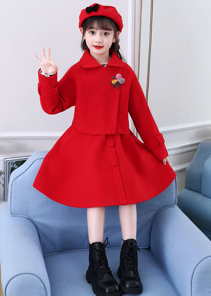 Dousha Red Peter Pan Collar Coats and Dress Cotton Kids Two Pieces Set Long Sleeve